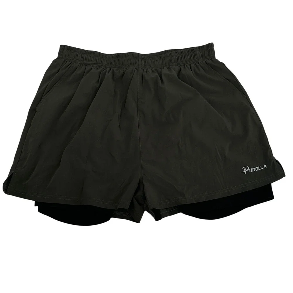 Pudolla Men's 2 in 1 Running Shorts Green Lined Athletic Gym‎ Workout Large